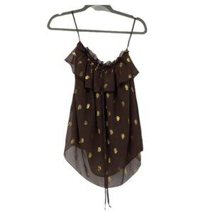 NWT Milly New York Brown silk metallic gold polka dot ruffle multi-tie tank top